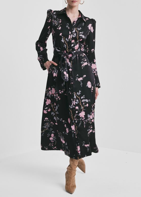BYTIMO - Satin Belt Midikjole Midnight Garden 2610583 476